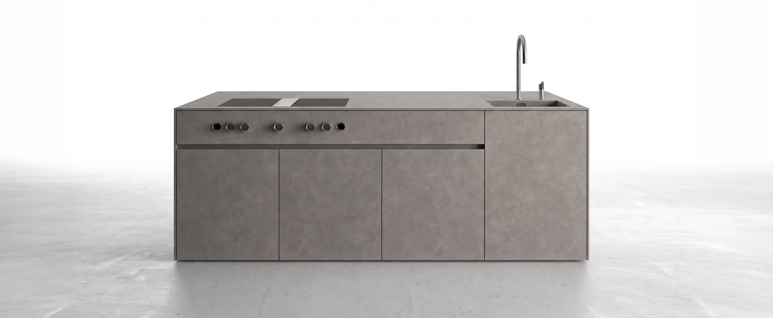 Isola cucina in laminato HPL effetto cemento con piano da lavoro integrato, lavello e piano cottura